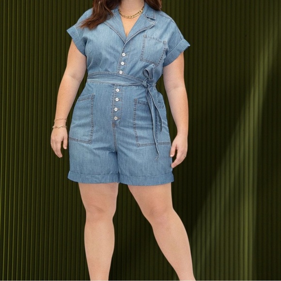 NWT Eloquii Elements Chambray Blue Belted Denim Romper Plus Size 28 - Picture 3 of 16